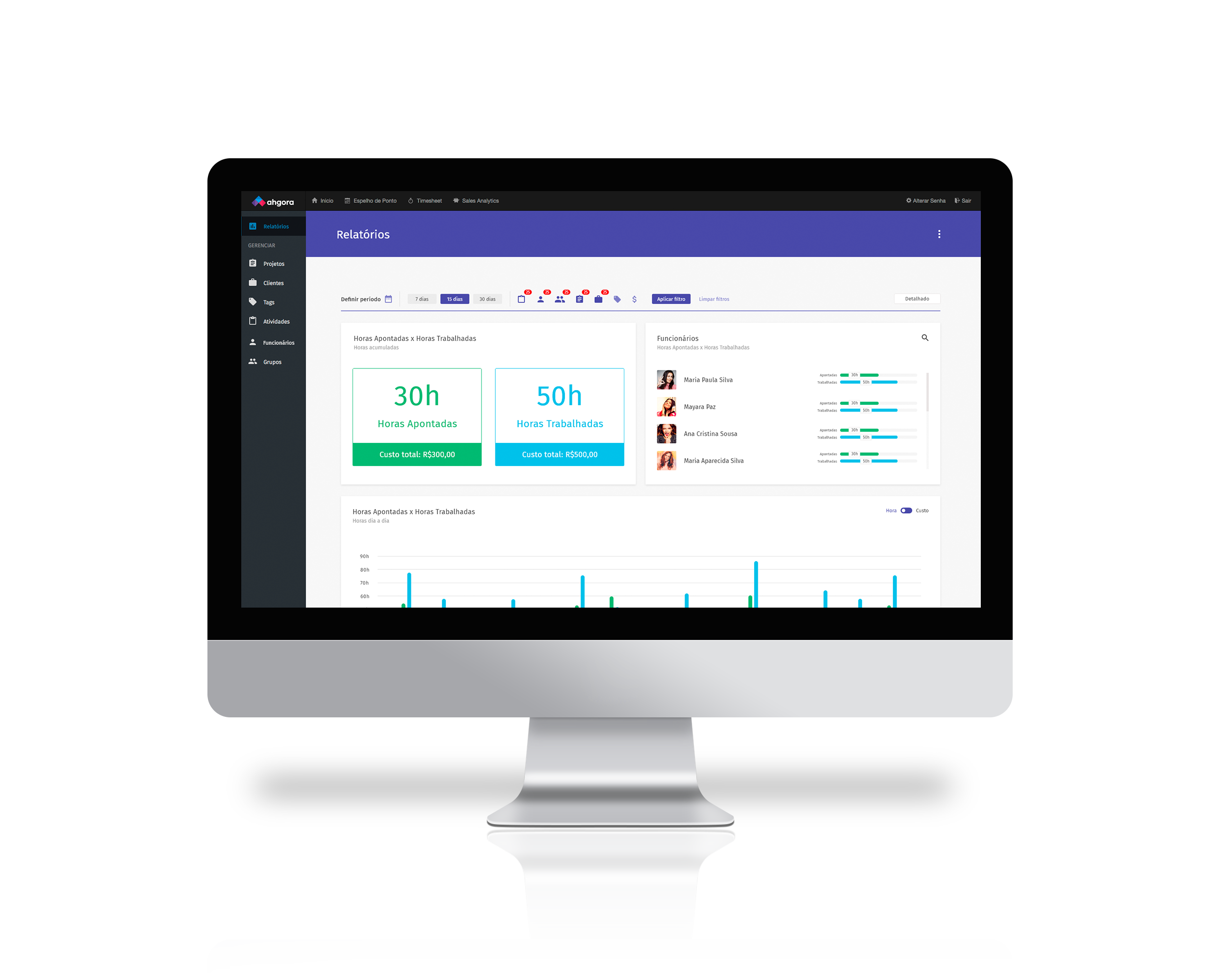 O timesheet é uma extensão do Ahgora PontoWEB que permite a gestão de custos por atividade a partir do controle de ponto.